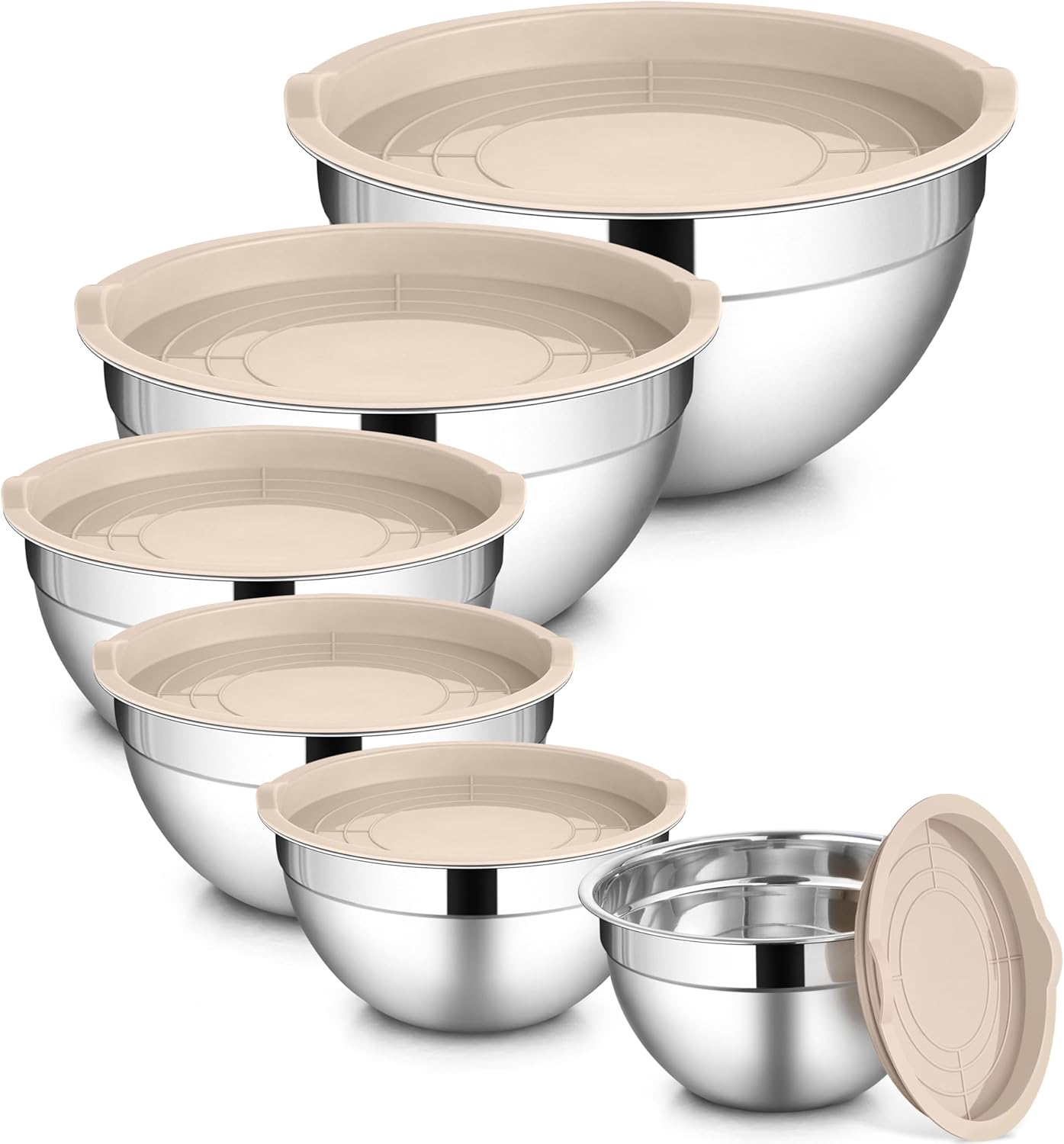LIANYU Stainless Steel Mixing Bowls Sets of 6, Large 7, 3.5, 2.5, 2, 1.5, 1QT Size with Transparent Airtight Lids, Metal Nesting Serving Bowl Sets for Home Kitchen, Dishwasher & Freezer Safe, Black