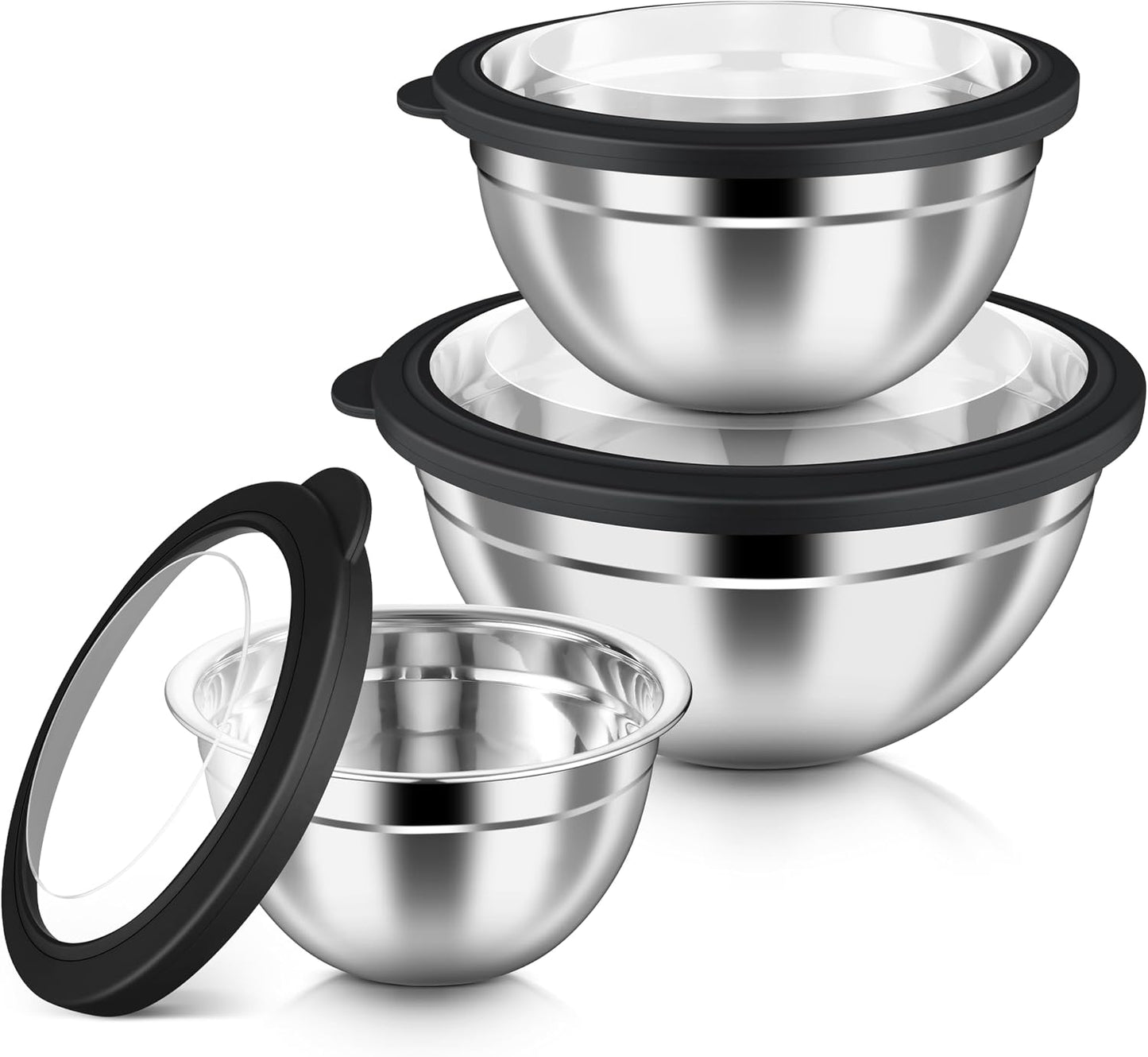 HaWare Mixing Bowls with Airtight Clear Lids, 6-Piece Stainless Steel Strong Nesting Bowls Set, Metal Salad Bowl for Cooking, Prepping, Baking, Serving & Food Storage, Size 4.6, 3, 1.5QT, Khaki