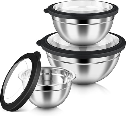 HaWare Mixing Bowls with Airtight Clear Lids, 6-Piece Stainless Steel Strong Nesting Bowls Set, Metal Salad Bowl for Cooking, Prepping, Baking, Serving & Food Storage, Size 4.6, 3, 1.5QT, Khaki