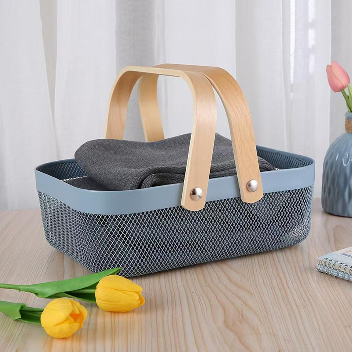 AJIODA Metal Mesh Steel Basket, Storage Organizer Basket Garden Harvest Basket Multi-functional Kitchen Fruit Baskets Bin with Wooden Handle for Bathroom Picnic Shopping Decor Cabinet Home, Pink