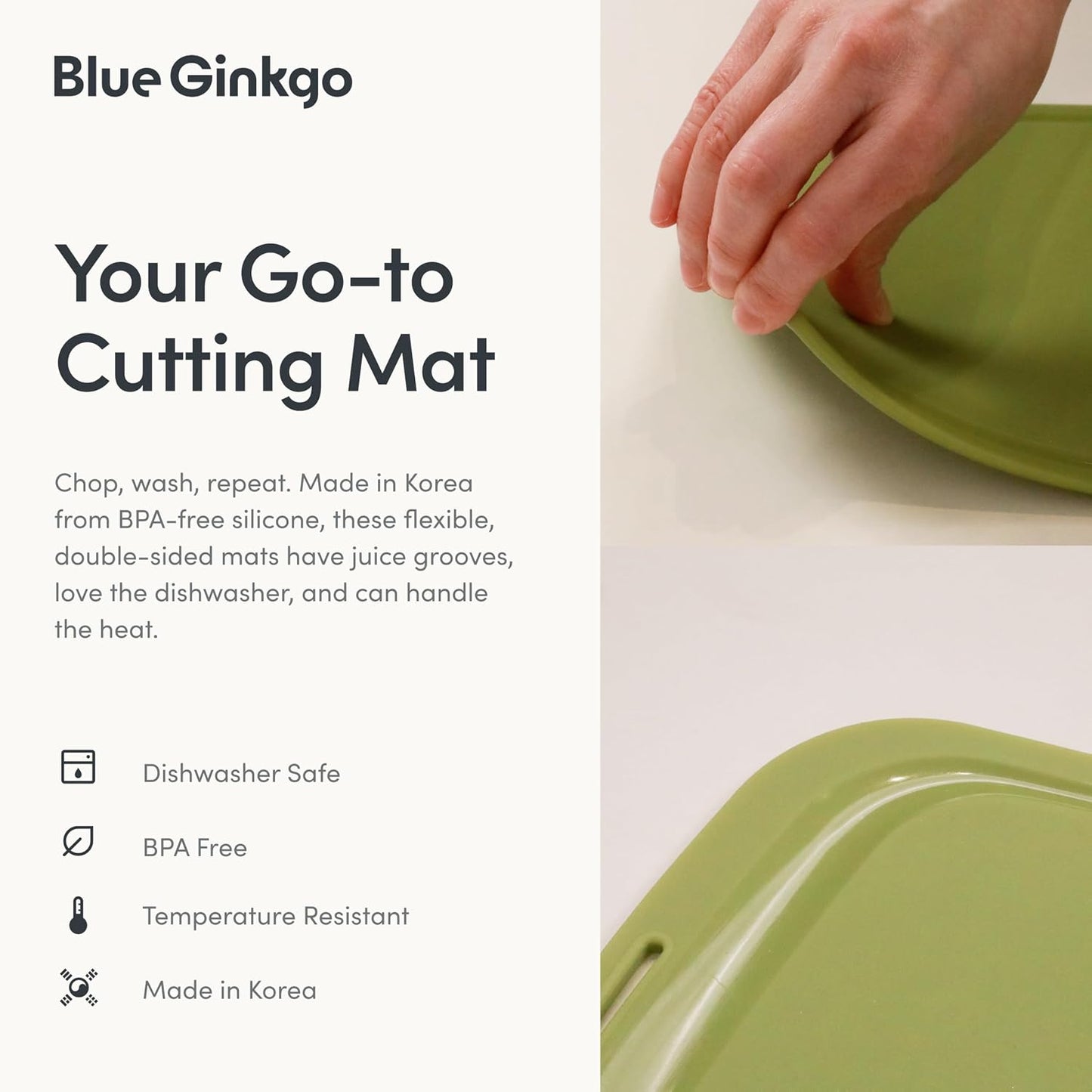 Blue Ginkgo Silicone Cutting Boards – Set of 3 (Small, Medium, Large) – Double-Sided, Thick, Flexible, Non-Slip, BPA Free – Juice Grooves, Dishwasher Safe (Made in Korea, Grey)