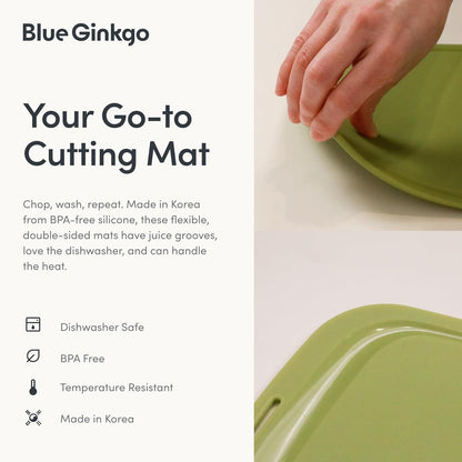 Blue Ginkgo Silicone Cutting Boards – Set of 3 (Small, Medium, Large) – Double-Sided, Thick, Flexible, Non-Slip, BPA Free – Juice Grooves, Dishwasher Safe (Made in Korea, Grey)