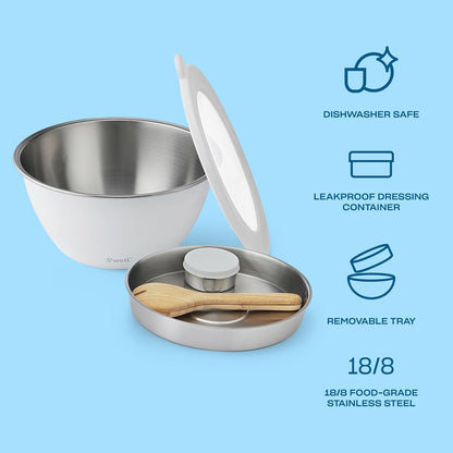 S'well Stainless Steel Salad Bowl Kit 64oz, Peacock Blue, Comes with 2oz Mini Canister and Removable Tray for Organization, Leakproof, Easy to Clean, Dishwasher Safe