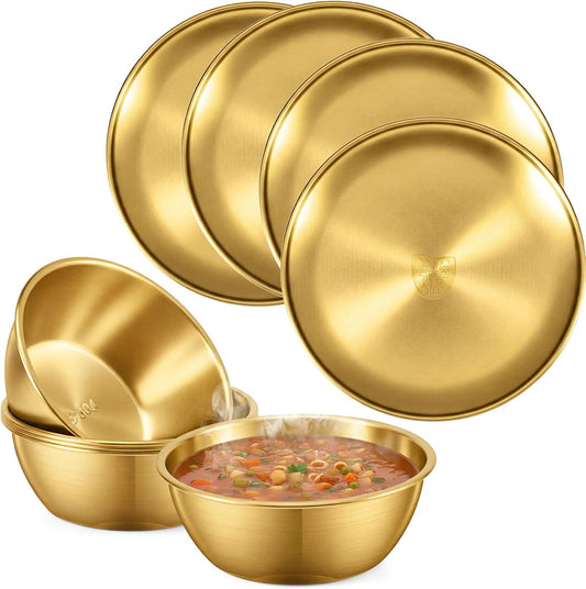 304 Stainless Steel Plates and Bowls Sets - 9 Inch Metal Camping Plates Reusable 20oz Steel Snack Bowls Feeding Serving Dinner Dishes for Adult Girls Boys