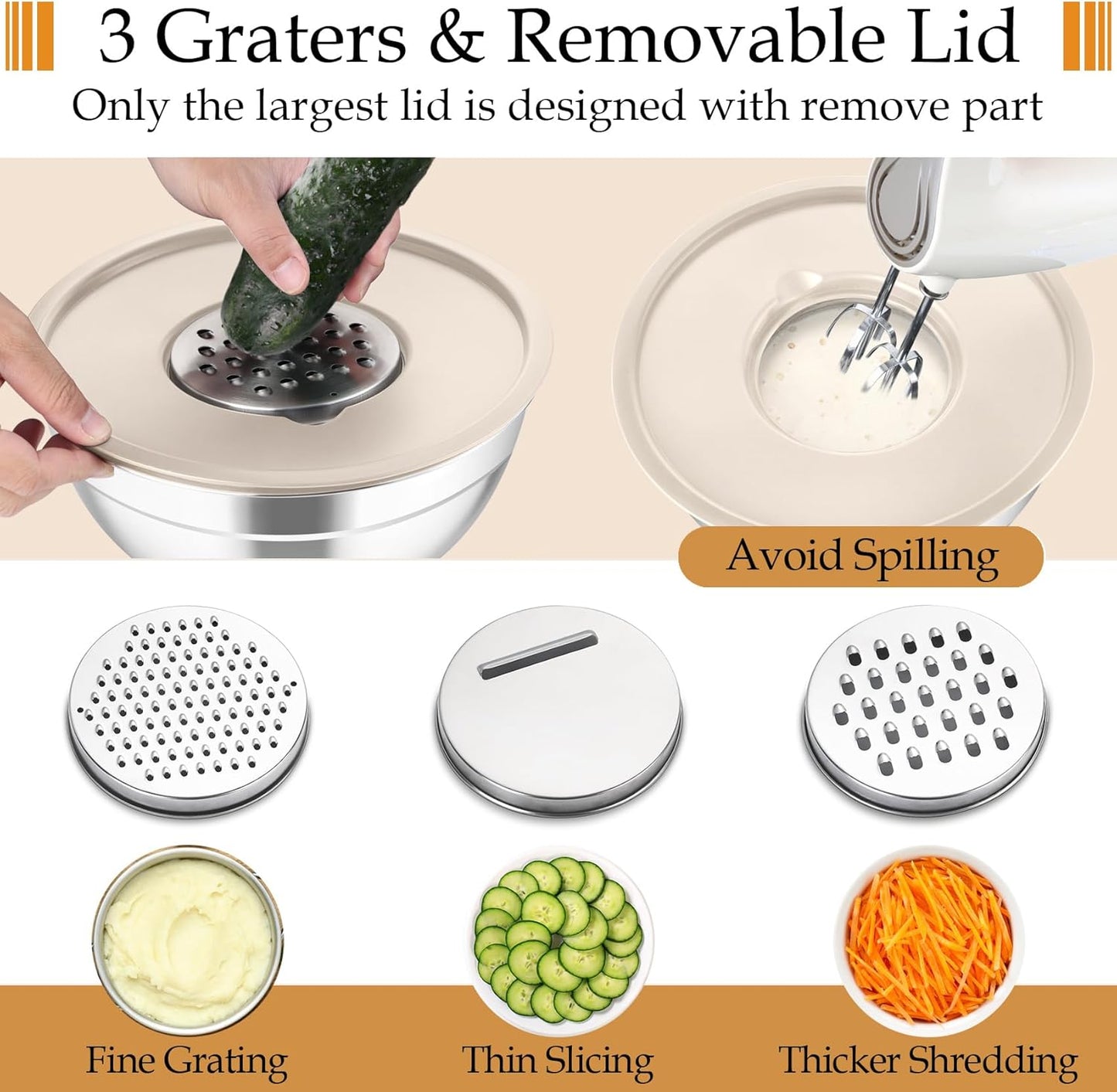 TeamFar Mixing Bowls, Stainless Steel Nesting Salad Bowls with Lids Set of 3 & 3 Grater Attachments, For Mixing/Serving/Storing, Non-toxic & Long-lasting, Size 4.6/3 / 1.5 QT, Black