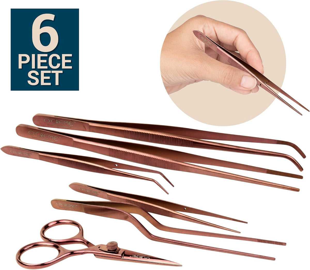 O'Creme Set of Culinary Tweezer Tongs Offset, Straight and Curved, Plus Super Sharp Chef Scissors, Total 6 Pieces (Rose Gold)