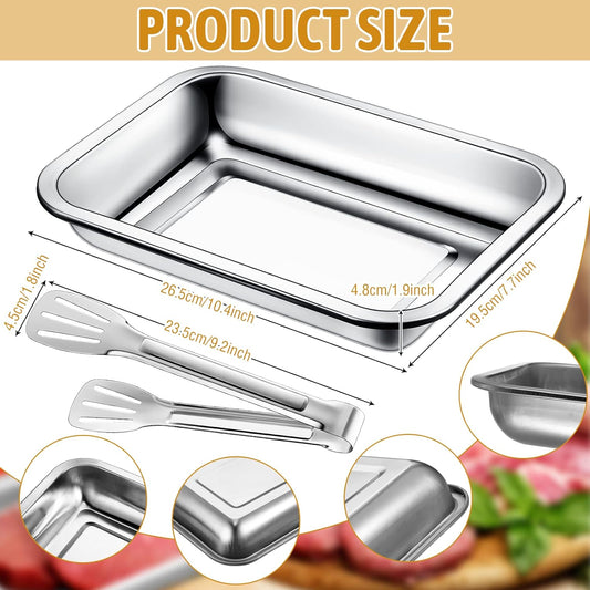 Mumufy Breading Trays Set of 3 Large Stainless Steel Breading Pans with Tong for Dredging Chicken Breasts and Marinating Meat, Food Prep Trays for Breadcrum Dishes (10.63 x 7.87 x 1.9 Inches)