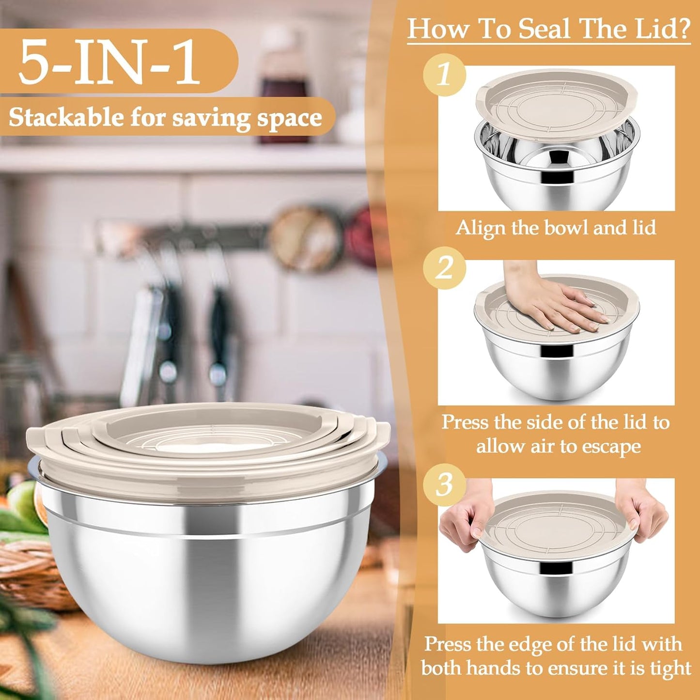 TeamFar Mixing Bowls, Stainless Steel Nesting Salad Bowls with Lids Set of 3 & 3 Grater Attachments, For Mixing/Serving/Storing, Non-toxic & Long-lasting, Size 4.6/3 / 1.5 QT, Black