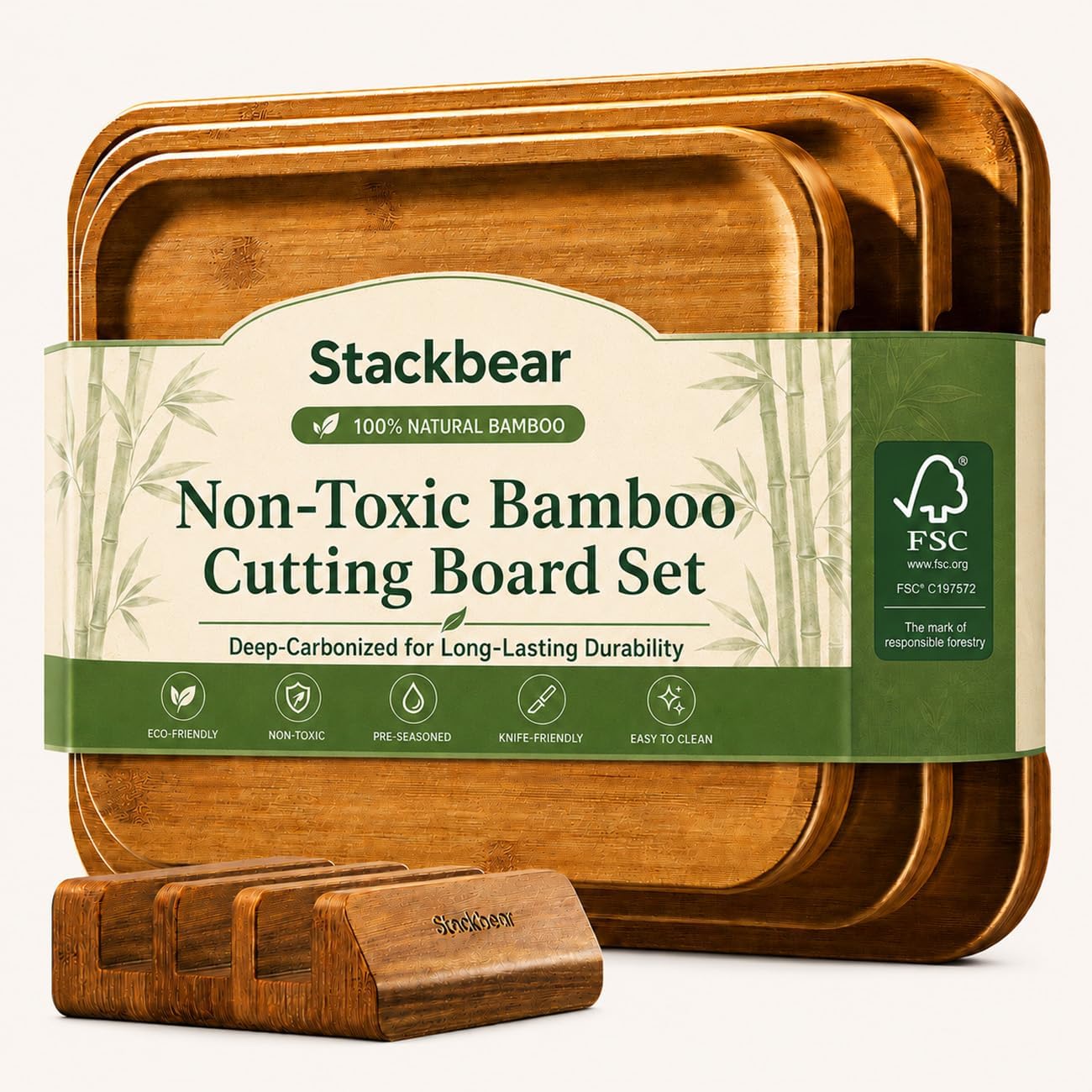 Starkbear Acacia Wood Cutting Board Set of 3 with Stand, Core-Cut Non Slip Wooden Chopping Block, Sloped Juice Groove Reversible Charcuterie Serving Tray for Modern Kitchen Gift
