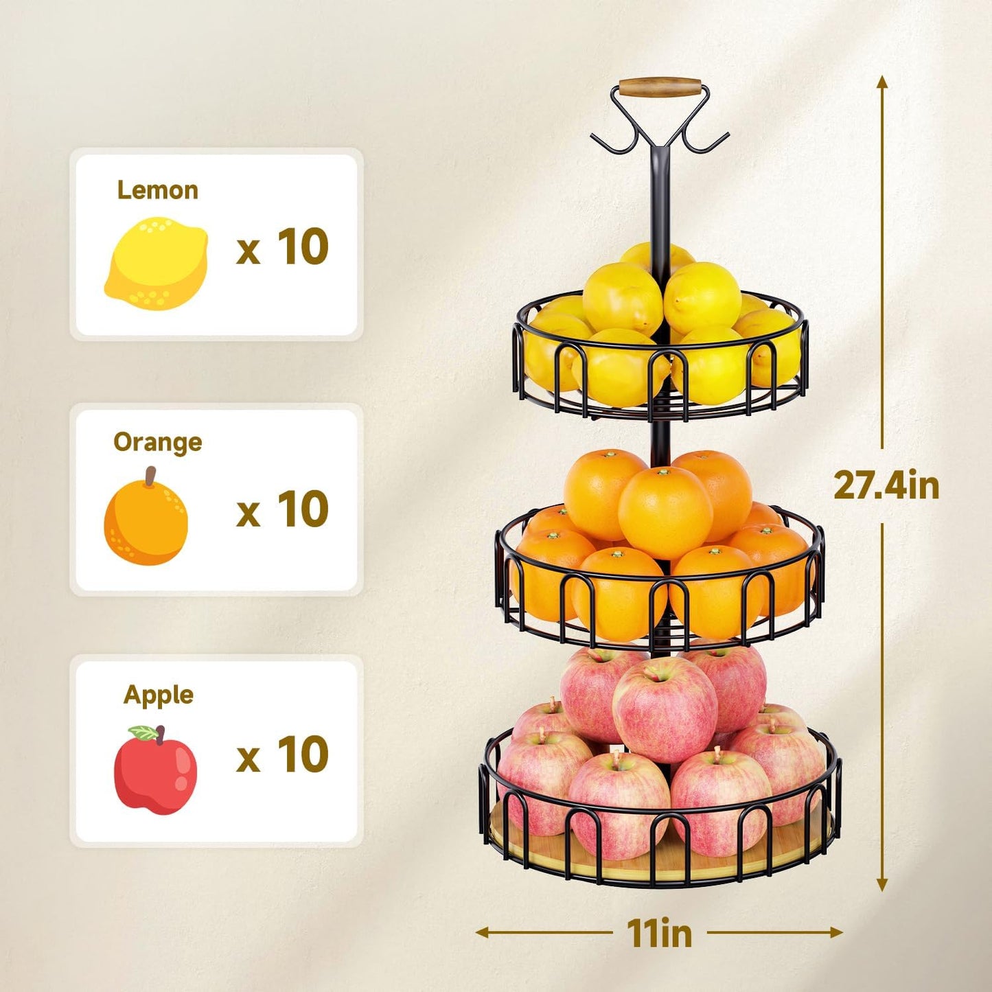 PouHenier.jh 3 Tier Rotating Fruit Basket Bowl, Kitchen Counter Wire Produce Organizer Holder, Stable Vegetable Storage Stand with 2 Banana Hangers, Countertop Tiered Veggie Rack, Easy Setup, Black