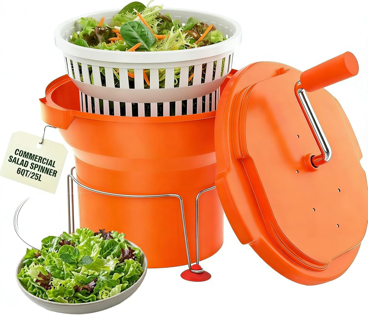 Commercial Salad Spinner - 6 Gallon Salad with Stand Dryer w/Draining Hose, 24Qt Manual Salad Spinner for up to 7 Heads of Lettuce Spinner Large for Catering