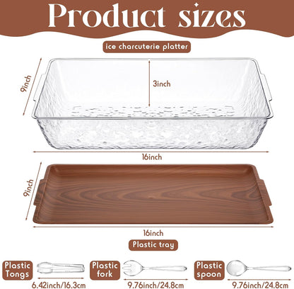 Baderke 16" x 9" Chilled Serving Tray for Parties with Compartments Ice Chilled Party Crudite Platter Charcuterie Serving Board Cold Dish Dip with Tableware for Seafood Vegetable(Silver Glitter)