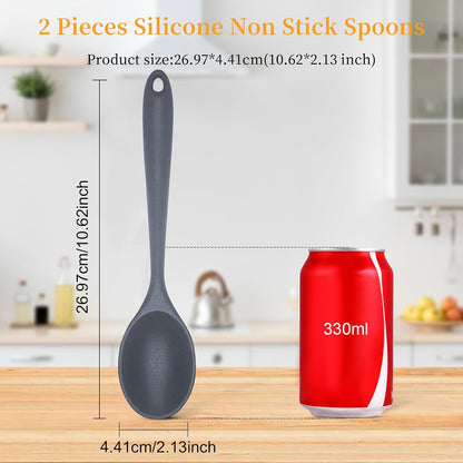 2 Pcs Silicone Nonstick Mixing Spoon, Silicone Spoons for Cooking Heat Resistant, Cooking Utensil for Kitchen Cooking Baking Stirring Serving (Black)