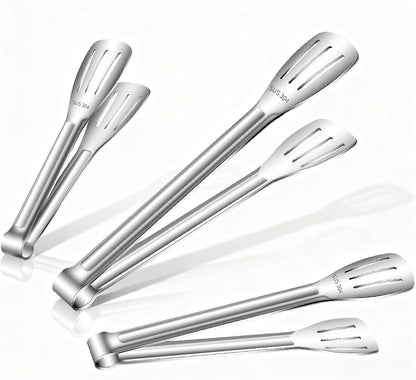 Stainless Steel Kitchen Tong Set - Anti-Slip Heat-Resistant Grip, Widened 3-Line Slotted Heads for Easy Clamping (Steaks, BBQ, Pasta, Salads), Easy Clean for Versatile Use Set of 3-6", Silver