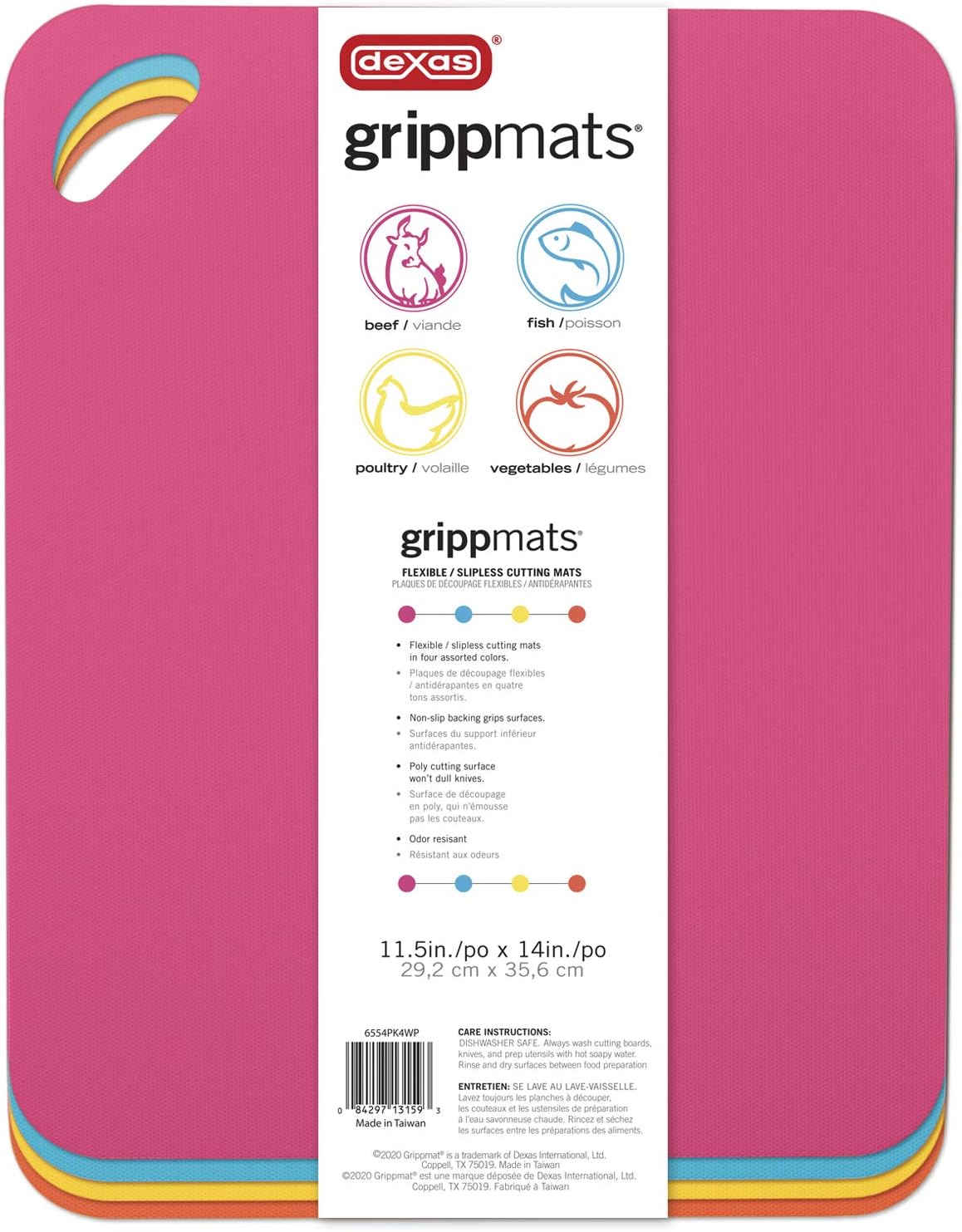 Dexas Heavy Duty Cutting Board Grippmat, Flexible Cutting Boards for Kitchen, Set of 4, Non Slip Plastic Board Cutting Mat 11.5 by 14 Inches Gray, Red, White and Green Set, Kitchen Gadgets