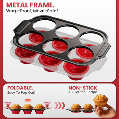 Silicone Muffin Pan for Baking with Metal Reinforced Frame - 6 Cups Regular Size Cupcake Pan Muffin Tins Egg Bite Molds - Nonstick, Easy to Pop, Bakeware for Oven, BPA Free (6-Cups Red)