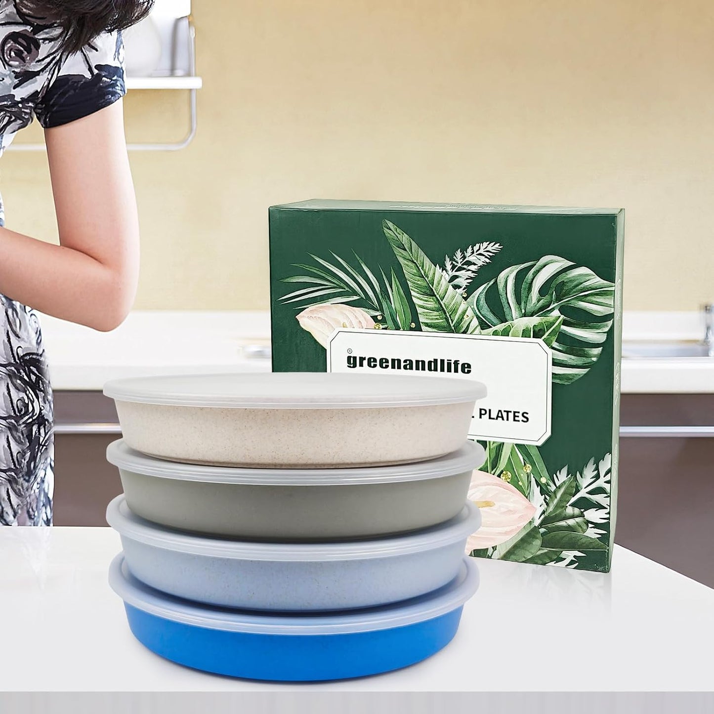 greenandlife 9 Inch 4PCS Portion Control Plates with Lids, Divided Plates for Kids Adults, Dishwasher Microwave Safe Compartment Plate, Unbreakable Lightweight Reusable Wheat Straw Plate, Earth Tone