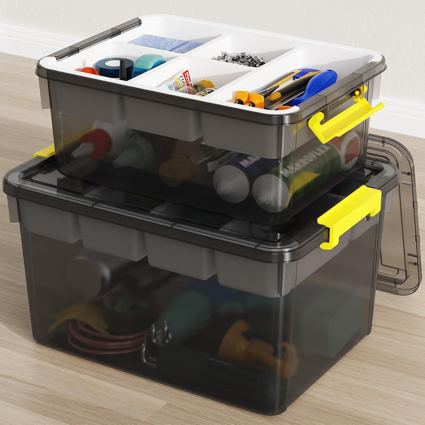 40Qt Stackable Storage Bins with Lids & Trays, Clear Plastic Latching Boxes Organizers with Dividers Portable 10Gal Containers for Arts & Crafts, Home and Car Trunk Organization, 2Pack