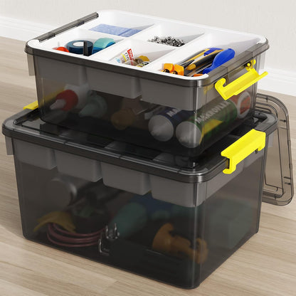 40Qt Stackable Storage Bins with Lids & Trays, Clear Plastic Latching Boxes Organizers with Dividers Portable 10Gal Containers for Arts & Crafts, Home and Car Trunk Organization, 2Pack