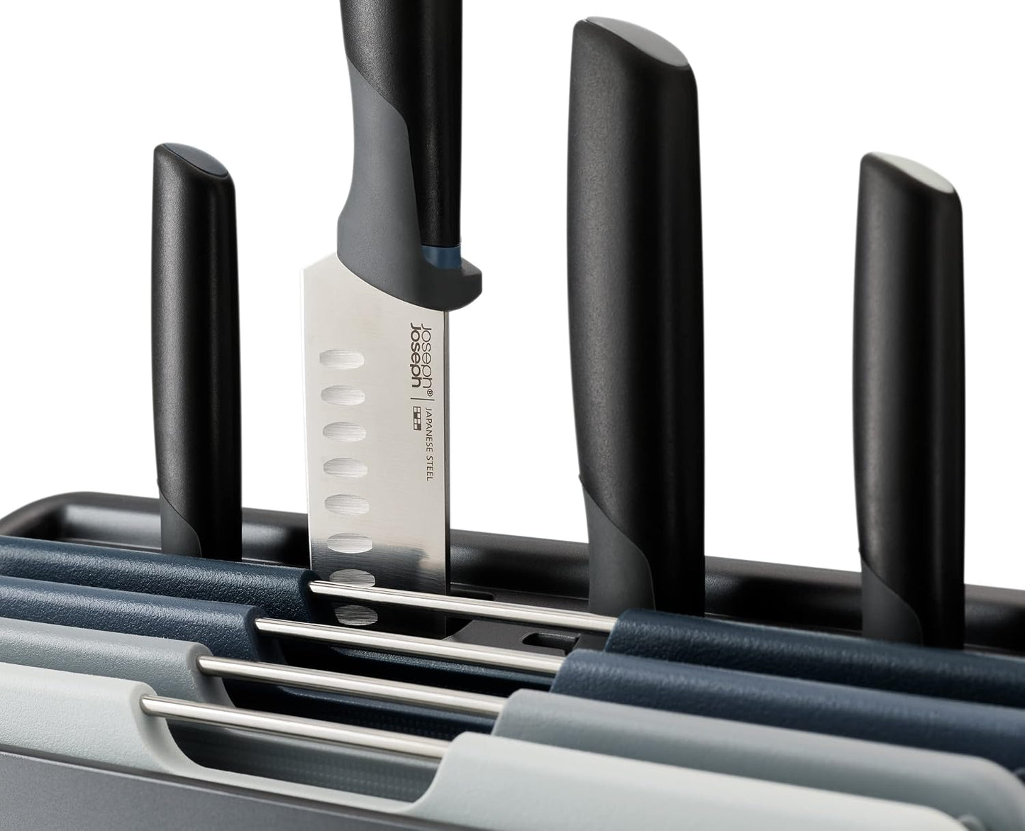 Joseph Joseph Folio Icon 8-Piece Multi Colour coded Cutting Board Set with Japanese Stainless Steel Knives, Slimline case for organized Kitchen storage, Silver