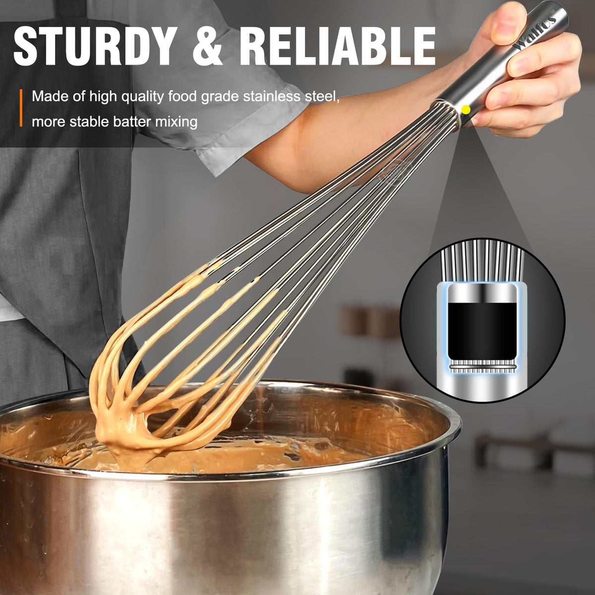 Walfos Whisk,304 Stainless Steel whisk,No-Rust 7+9+11inch Whisks for cooking Nice for Blending,Whisking,Beating.Heat resistant 600°F Dishwasher Safe. Heavy duty kitchen whisk.SILVER