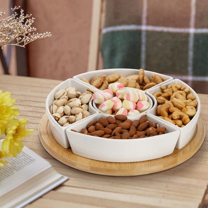 Lyellfe Divided Serving Dish Lazy Susan, 360° Rotatable Porcelain Appetizer Snack Tray Platter for Fruit, Veggies, Candy, Relish Tray for Christmas Thanksgiving Party, 5 Removable Compartment, White