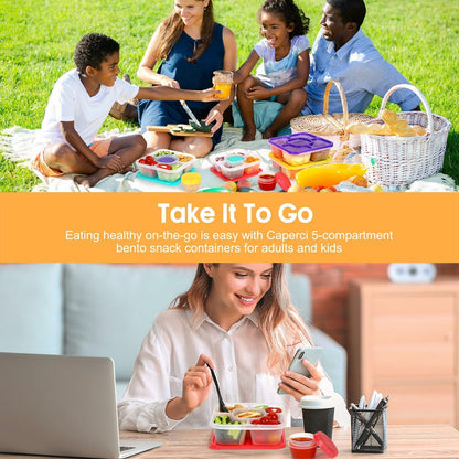 Caperci Original Lunchable Snack Containers for Kids & Adults - 5 Compartments Bento Snack Boxes with 4 Leakproof Small Containers, Wheat Straw, BPA-Free, Set of 4