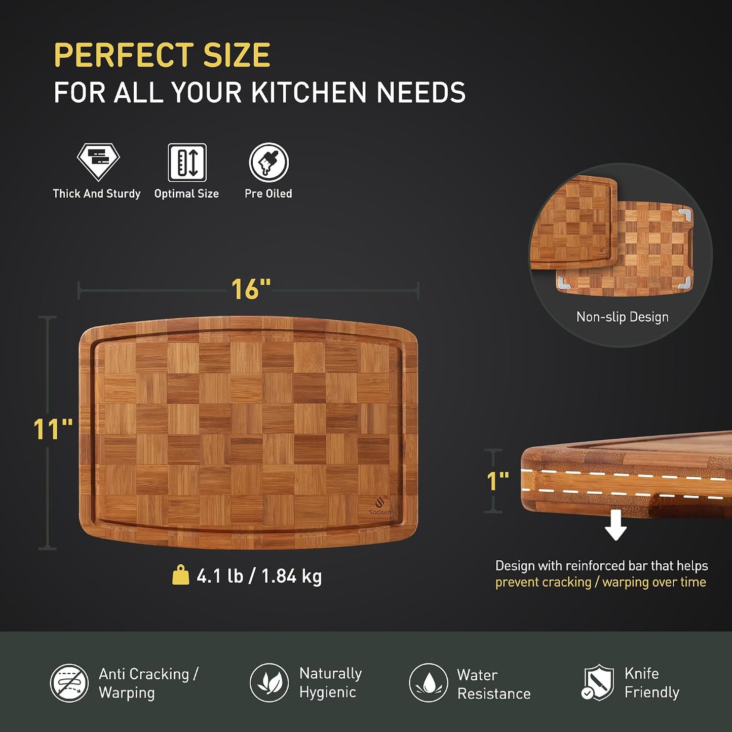 3 Pack Bamboo Cutting Board Set Non Toxic Wooden Cutting Board for Kitchen Non Slip Solid End Grain Thick Wood Juice Groove Chopping Board Edge Grain Teak Smart Marble Flexible Round Stone Metal