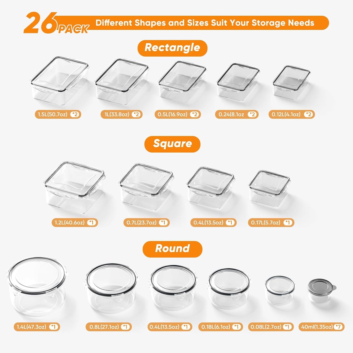 52 Pcs Food Storage Containers with Lids Airtight (26 Containers & 26 Lids) - Leakproof Meal-Prep Container for Kitchen Storage and Organization, Stackable Plastic Food Containers with Labels & Pen