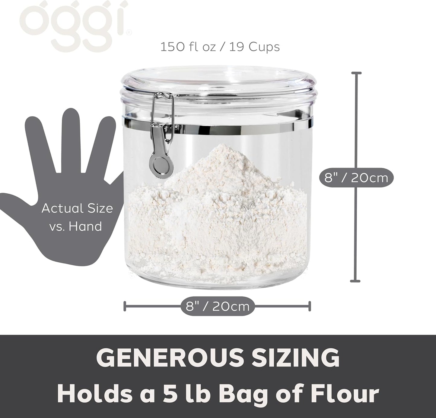 Oggi Large Clear Canister with Clamp Lid, 72 oz - Large Airtight Food Storage Container, for Kitchen & Pantry Storage of Bulk, Dry Foods, Pasta, Flour, Sugar, Coffee, Rice, Tea, Spices & Herbs