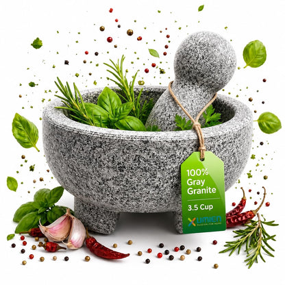 Umien Granite Mortar and Pestle Set 8-Inch (3.5-Cup), Molcajete, Grey
