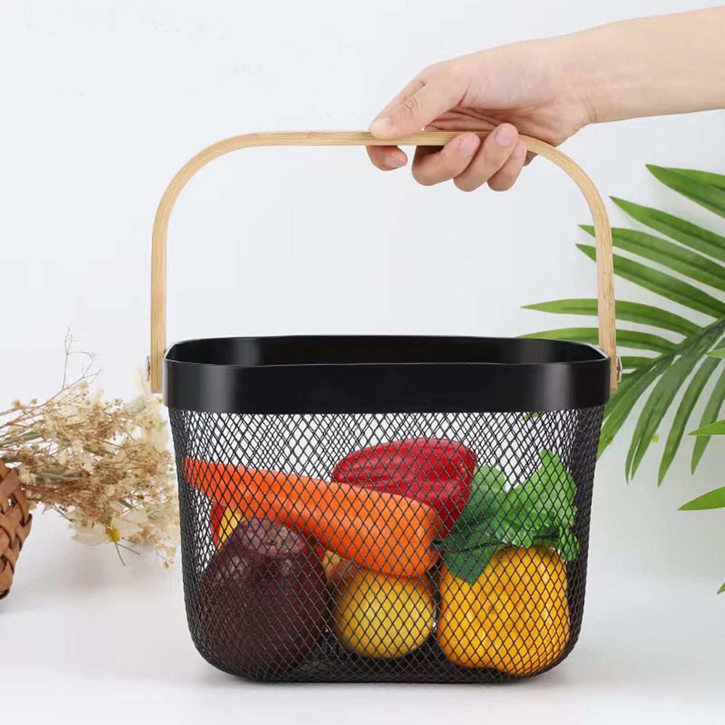 AJIODA 2 Pack Metal Mesh Steel Basket, Storage Organizer Basket Multi-function Hanging Kitchen Baskets Fruit Basket Bin with Wood Handle for Kitchen Bathroom Picnic Cabinet Home Decor, White