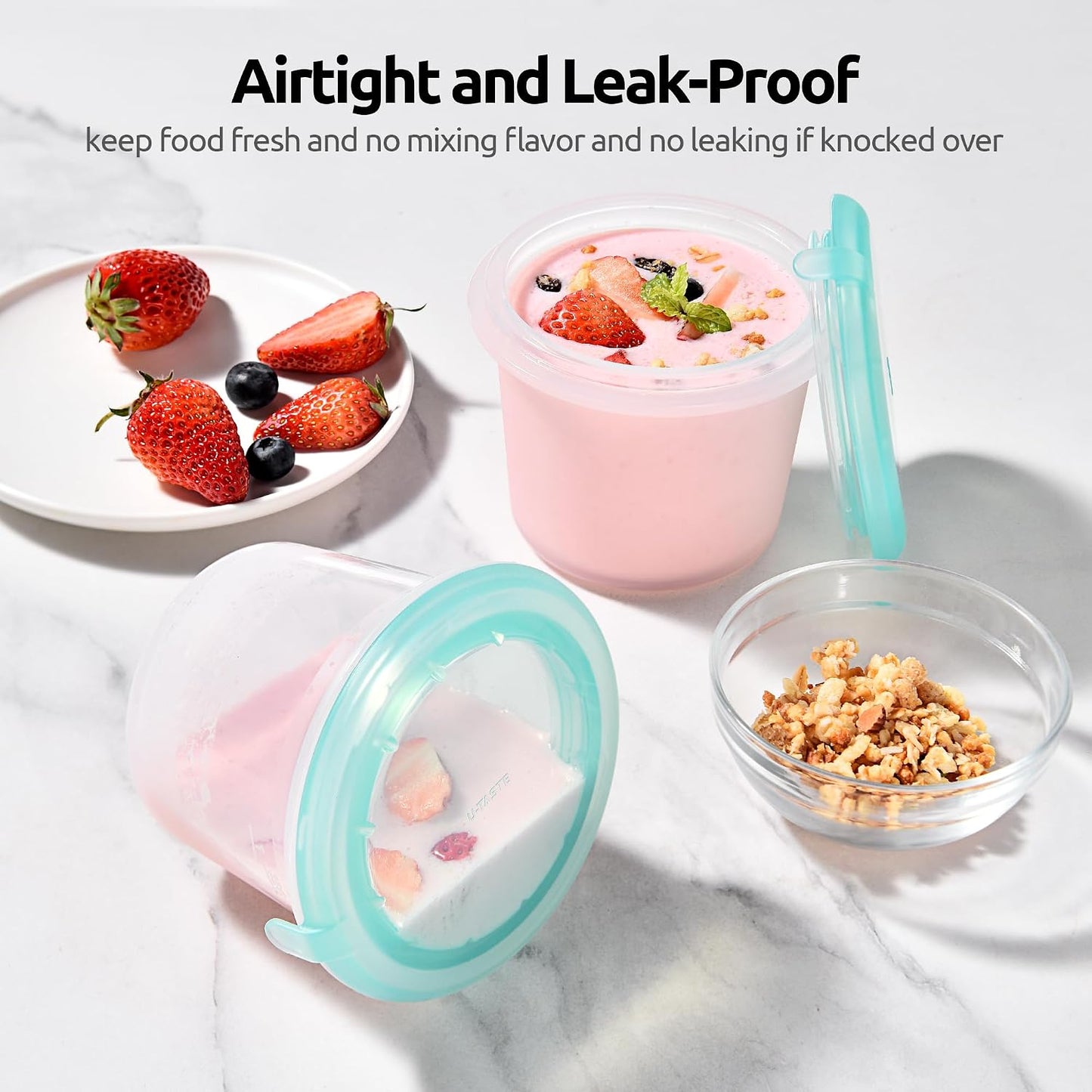 U-Taste Silicone Food Storage Containers Set: Meal Prep Box with Airtight Lid, Freezer & Microwave Safe, Date Marking Circle, Clear cup/oz/ml Measurement for Dry & Wet Deli -2oz/4oz/8oz/16oz, Aqua Sky