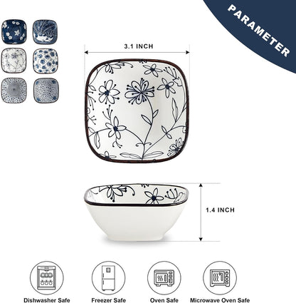 Japanese Style Ceramic Dipping Bowls,3'' Small Pinch Bowls Set Side Sauce Cups,Dishes for Sushi,Snack and Soy,BBQ,2.5 Oz Blue and White Mini Bowl for Kitchen Prep - Set of 6 (3 inch)