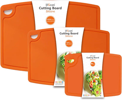 Liflicon Thick Cutting Boards for Kitchen Silicone Chopping Board Set of 2 Mid 12.6'' x 9.1”,Mini 9.1”x7.1” Non-slip Deep Drip Juice Groove Easy Grip Handle,Dishwasher Safe-Red