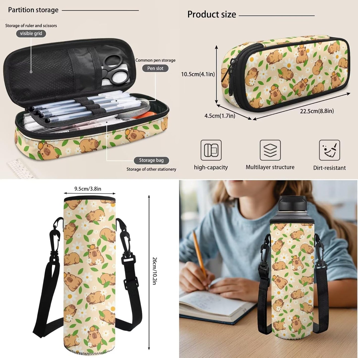 Cute Capybara Pizza Backpack for Girls, 5 Pcs Boys School Bag Set for Kids, 17 Inch Backpacks Lunch Pencil Box Reusable Utensils Case Set for Middle Elementary School, 3rd Grade Backpack