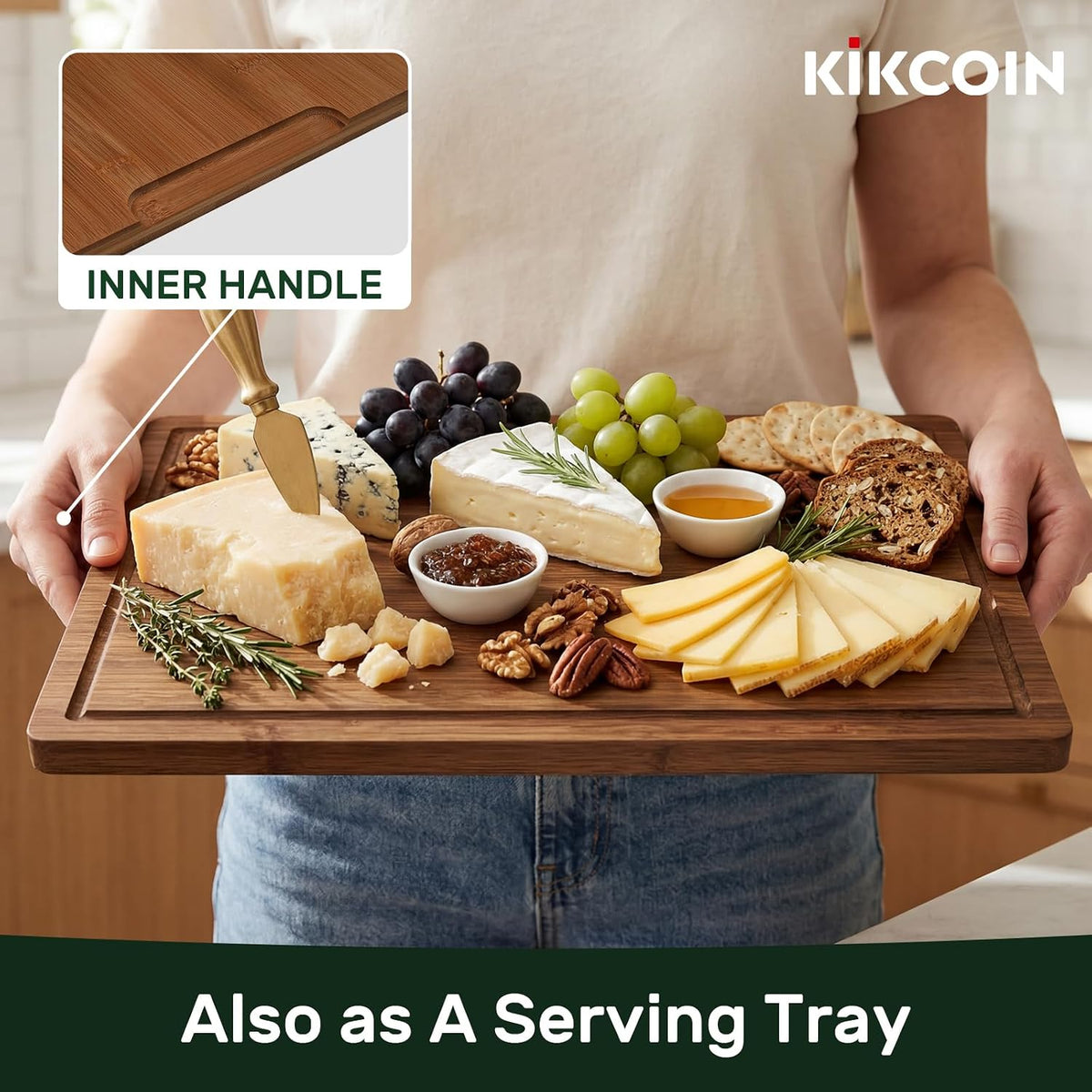 Kikcoin 17"×11" Bamboo Cutting Boards for Kitchen, Knife-Friendly Food Grade Wooden Cutting Boards for Kitchen, Charcuterie, Extra Large Chopping Boards with Deep Juice Groove, Reversible, Natural