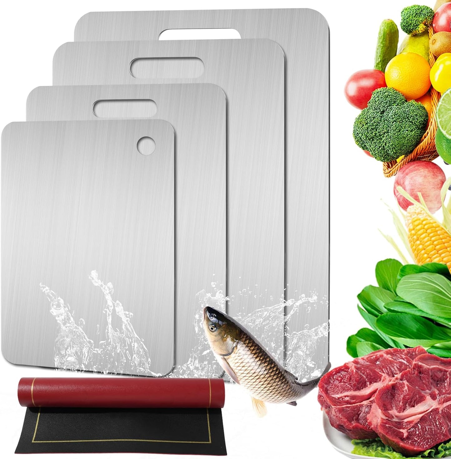 4 Pcs Stainless Steel Cutting Board, Metal Cutting Boards for Kitchen, Dishwasher Safe Chopping Board with Extra Anti-Slip Placemat (17.9"×11.8", 15.3"×11", 13.4"×9", 11.4"×7.8")