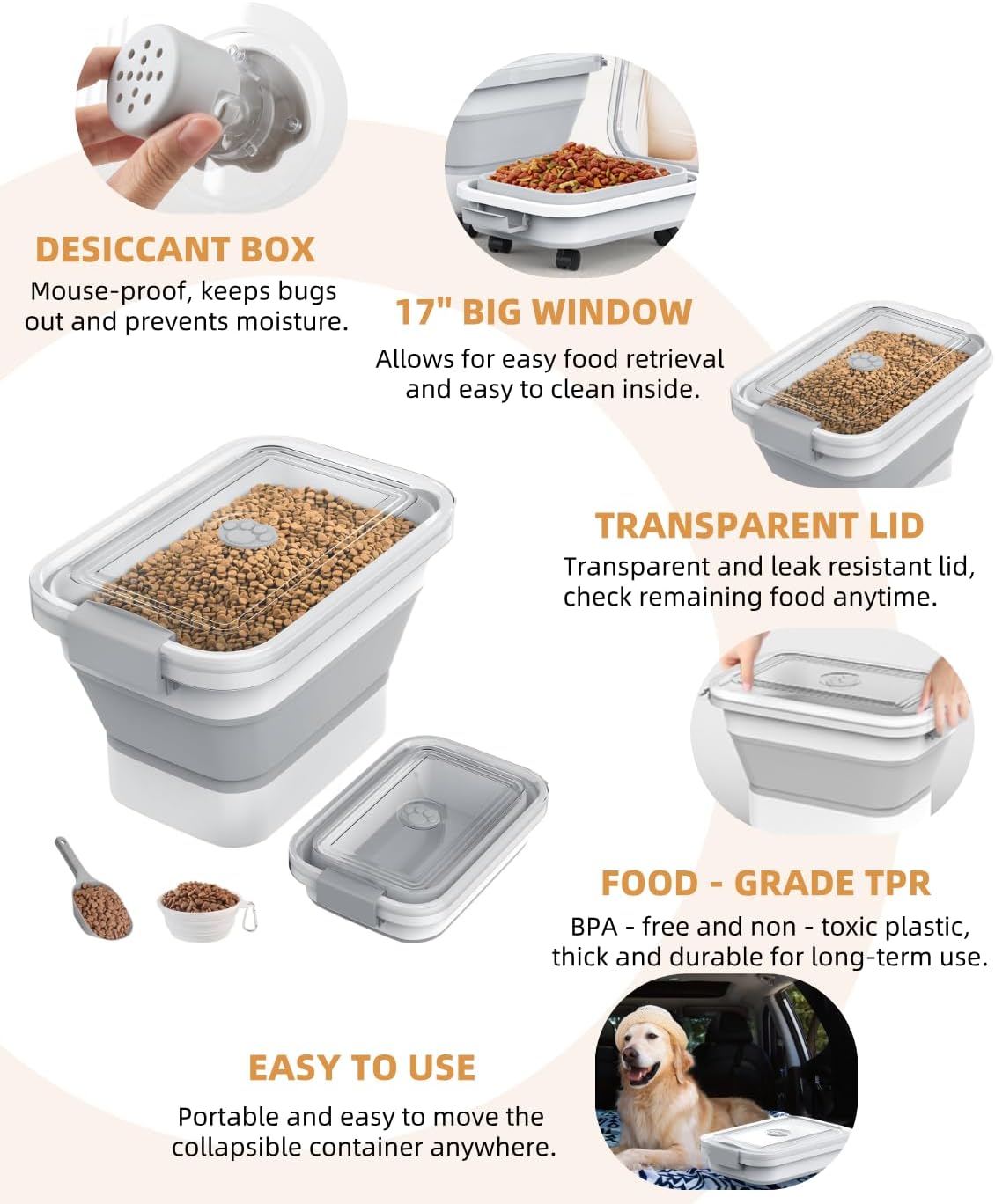 20-23 Lbs Dog Food Storage Container, Collapsible Dog Food Container with Transparent Airtight Lid,Multifunctional Pet Food Storage Container for Dog Cat,Rice,Flour,Pet Food Scoop and Dog Bowl