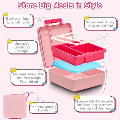 Bento Lunch Box for Kids with 17oz Soup Thermo,Insulated Tumbler Water Bottle and Insulated Lunch Bag,Leak-Proof 3 Compartment Lunch Food Container with Ice Pack for Kids to School-Horse