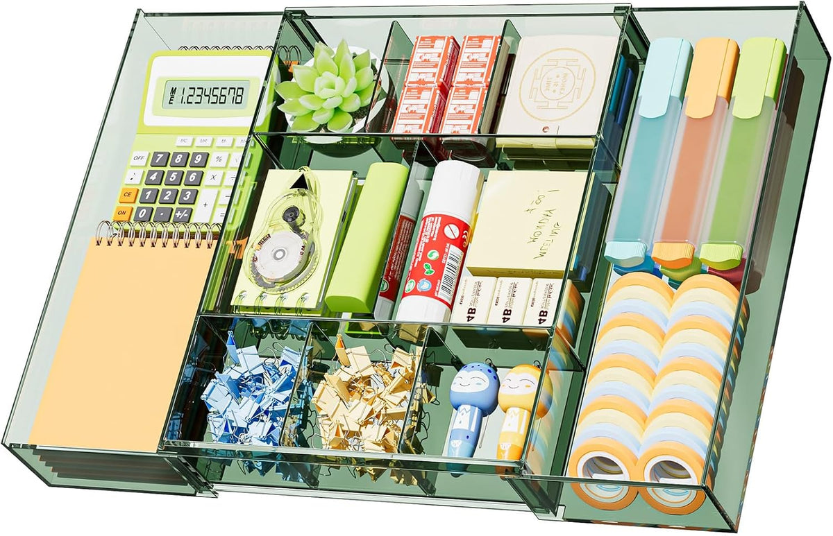 Marbrasse Expandable Desk Drawer Organizer, Clear Plastic Drawer Organizer Tray with 10 Adjustable Compartments, Desk Organizers and Accessories, 5 Drawer Dividers for Office Supplies, Makeup(Clear)