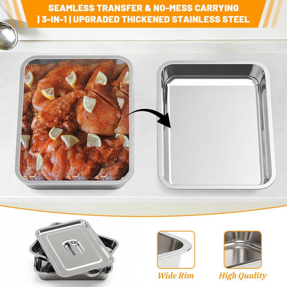 5pcs Grill Prep Trays Sets, Stainless Steel Grilling Prep and Serve Tray, Marinade Container with Lid, Thawing Board, Cutting Board, BBQ Grill Accessories, Grilling Gifts for Mens