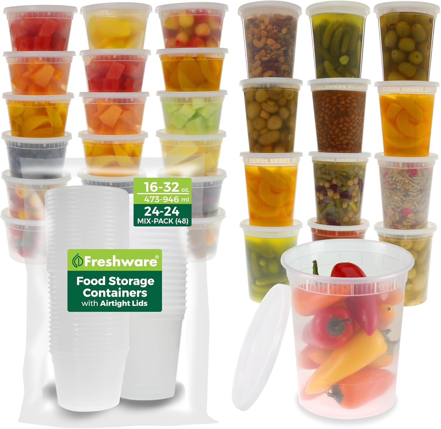 Freshware Food Storage Containers [24 Set] 32 oz Plastic Deli Containers with Lids, Slime, Soup, Meal Prep Containers, BPA Free, Stackable, Leakproof, Dishwasher and Freezer Safe, Translucent