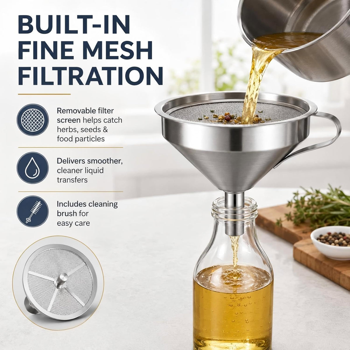 304 Stainless Steel Funnel with Filter Mesh, Thickened Stainless Steel Kitchen Filter Funnel, Kitchen Food-Contact Use Metal Funnels for Oil, Jam & Spice Filling (4.7in)