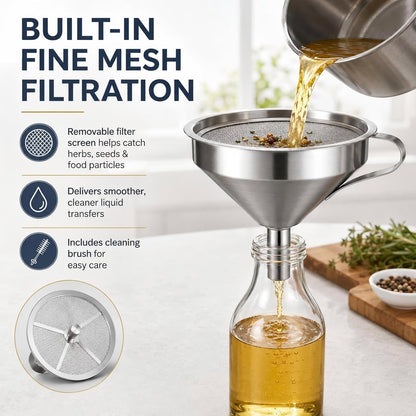 304 Stainless Steel Funnel with Filter Mesh, Thickened Stainless Steel Kitchen Filter Funnel, Kitchen Food-Contact Use Metal Funnels for Oil, Jam & Spice Filling (4.7in)
