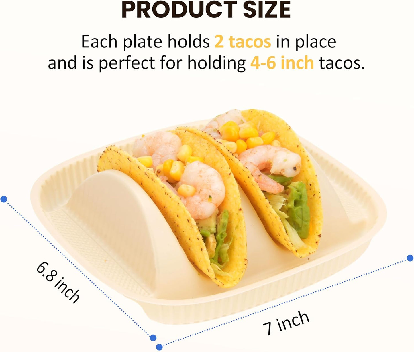 50-Pack Disposable Taco Plates for 2 Tacos & 2 Sides - For Most 4-6 IN Small Hard Shells - Biodegradable Cornstarch Holder Plates - Microwave Safe - Ideal for Fiesta, Bar, Party