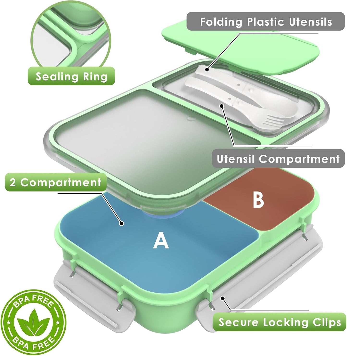 WHALEHOUSE Bento Lunch Box, 1300ML 4 Compartments Meal Prep Container with Utensil, Airtight Food Storage Container with Snap Locking Lids, Microwave/Dishwasher/Freezer Safe, On the Go