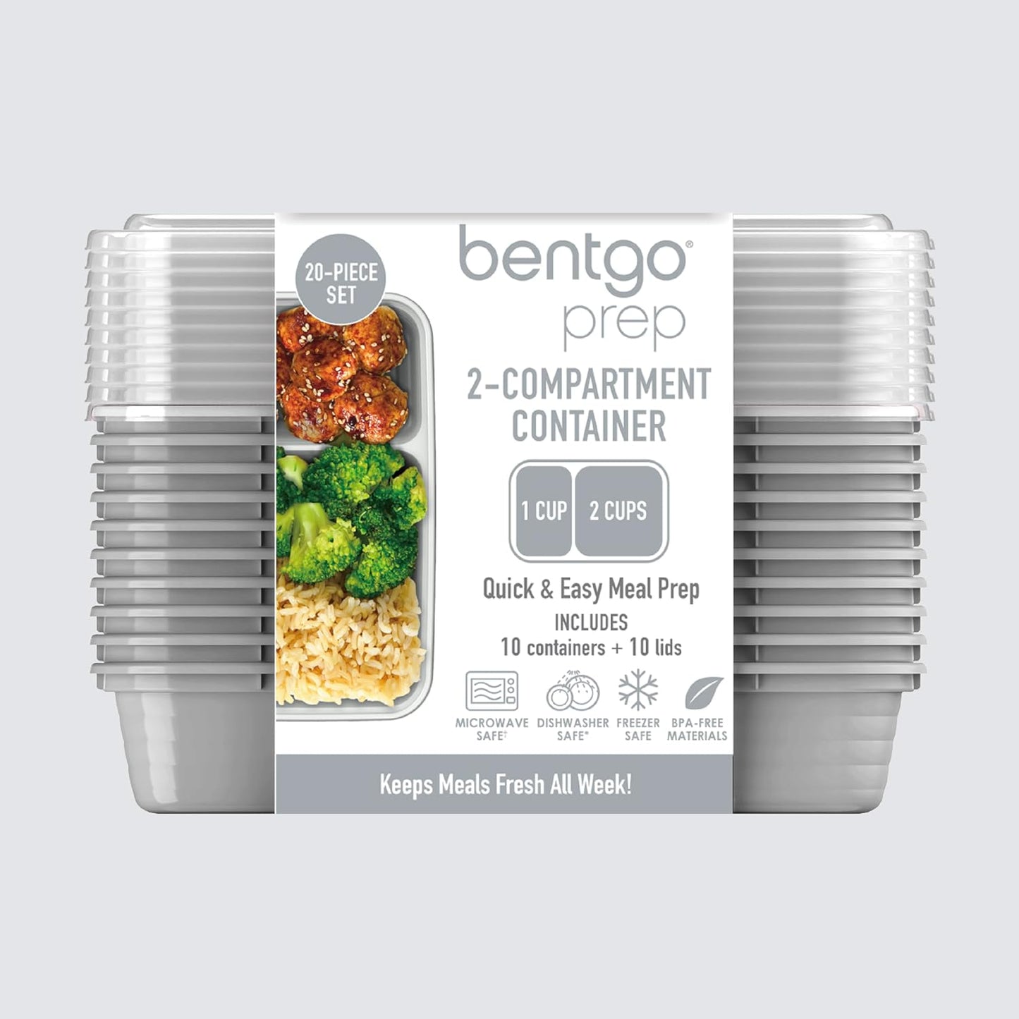 Bentgo Prep - 20-Piece 2-Compartment Reusable Meal Prep Containers with Lids, PFAS & BPA Free Materials, Durable, Microwave, Freezer, & Dishwasher Safe To Go Food Storage (Rose Gold)