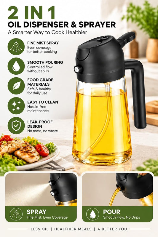 Himal's 16oz/470ml Glass Olive Oil Sprayer for Cooking, 2-in-1 Oil Dispenser for Kitchen, Olive Oil Spray Bottle with Pour Spout, Cooking Oil Sprayer & Dispenser