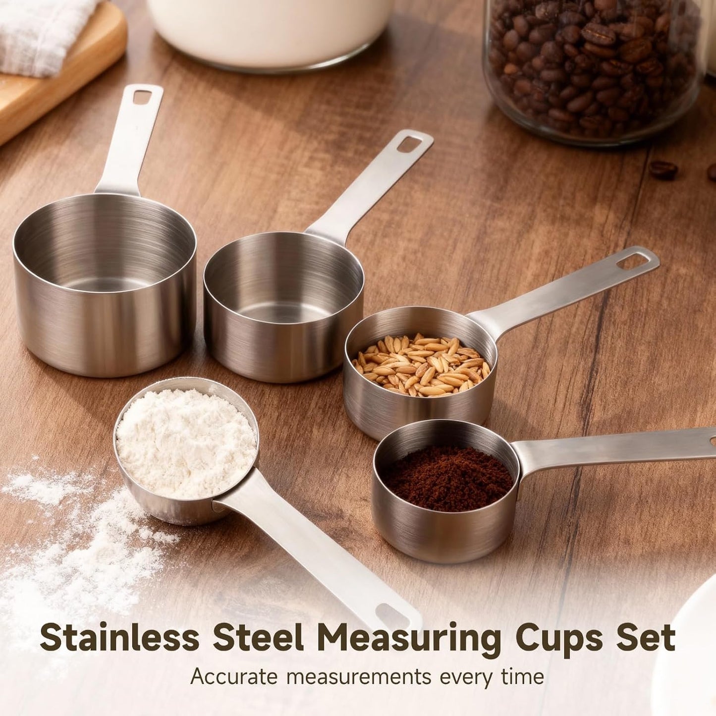 5 Pcs Stainless Steel Measuring Cups Set - Including 1/4, 1/3, 1/2, 2/3, 1 Cup All Clad Flat Bottom Spoons, Long-Term, Easy to Clean, Nesting Design for Kitchen Baking Cooking